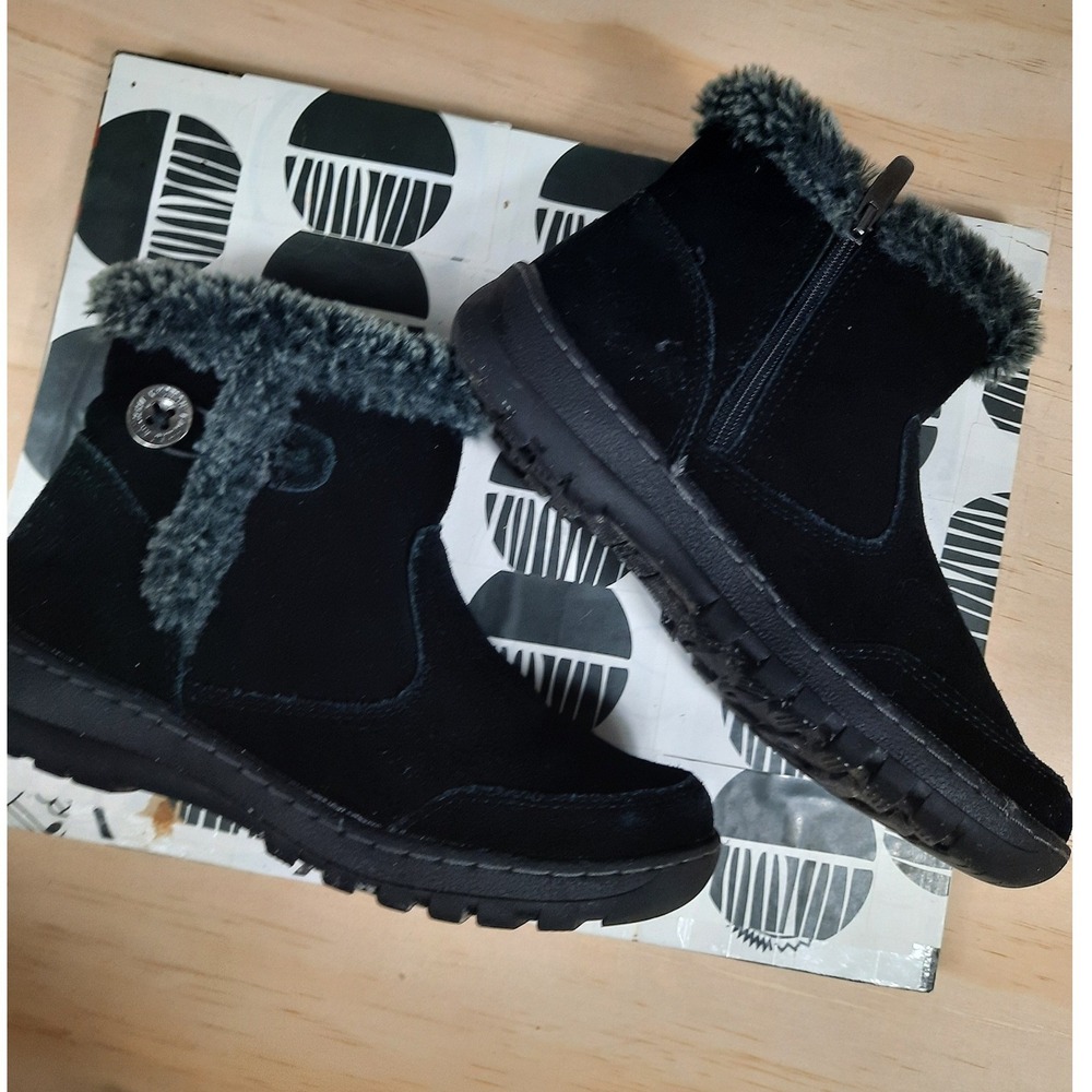 Black Suede Faux Fur Khombu Ankle Boots Side Zip Button Detail Womens sz 6